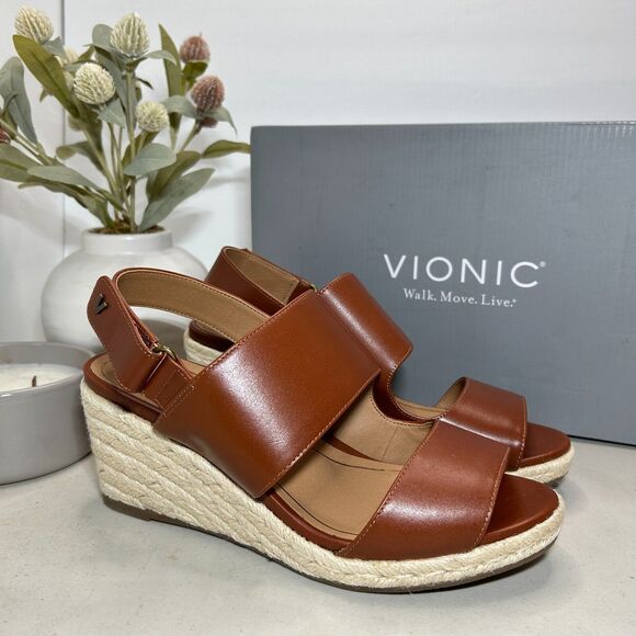 Vionic Tulum Brooke Leather Wedge Espadrille Sandals Cognac Women's US 8 NWB - Picture 1 of 11
